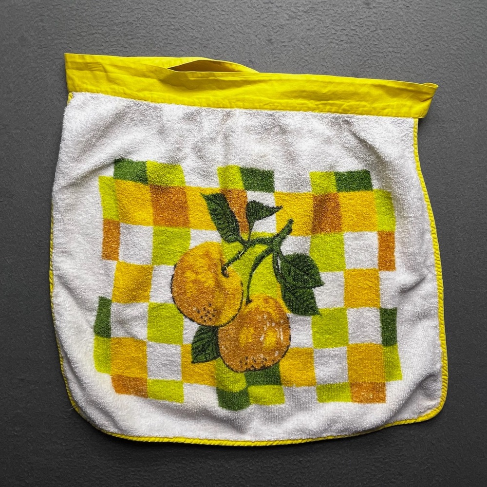 Vintage Women Half Apron Yellow Terry Cloth Lemon Checkered OS Retro Kitchen